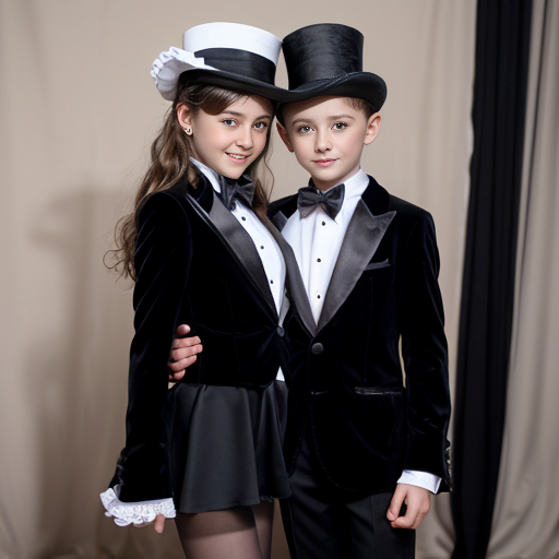 A photo shot of a 15 year old big sister in her black tuxedo jacket, top hat, rose leotard, black bow tie, white gloves, white tights, and black high heel tap shoes and her 13 year old little brother in his black tuxedo jacket, top hat, white t-shirt, black tights and black tap shoes, on stage