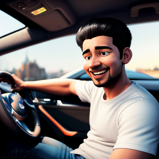 Pixar-style 3D cartoon, young Muslim man, 20 years old, beard, black jeans, white shirt, sitting in a car, holding phone to his ear, answering a call, relaxed pose, big expressive cartoon eyes, friendly smiling face, city visible through car windows in the background, bright colors, cinematic lighting, simple cartoon style