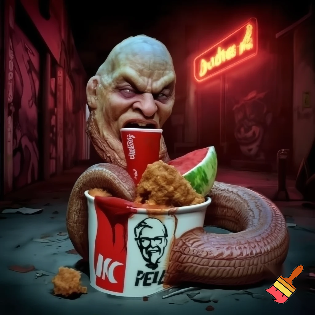 snake with human head eating KFC and watermelon drinking koolaid
