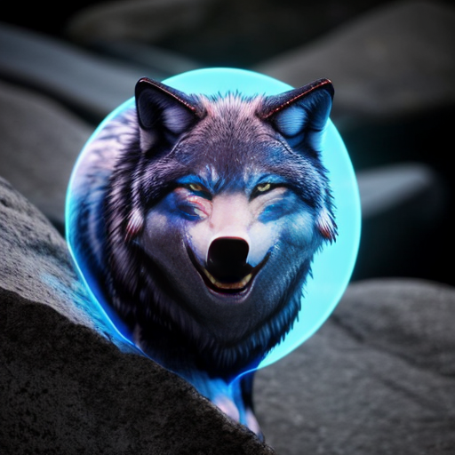 create an image of a blue wolf with glowing fur, glowing red eyes ,gleaming fangs and a crocidile face . It is on a rocky cliff
