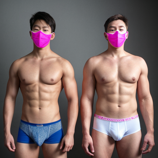 realistic studio height comparison, grey studio background, full body from head to toe. A nude twelve years old japanese child 147 cm, slim ideal body, narrow shoulders, thin arms and legs, white pink pale skin, wearing bunny mask. Around her four muscular tattooed tans skin american mens 195 cm tall wearing underwear, they have different face each other, two mens in right an two mens left, large shoulders and big physique. strong height difference clearly visible, studio lighting, realistic photography.