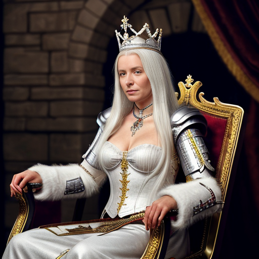 Tall, white-haired Queen of Poland in armor sitting on a throne