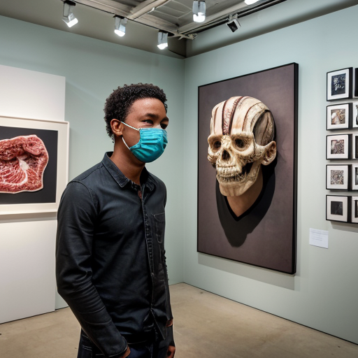 A high-resolution, detailed photograph capturing a complex, visceral biomechanical sculpture and human subject within a contemporary art gallery setting. The central figure is a large, elaborate sculpture constructed from exposed anatomical textures, deep red meat, bone, and intricate wiring, featuring multiple multi-jointed human heads and torsos with agape, screaming mouths, suspended and framed by white PVC piping and supports. The sculpture rests on a distressed white plinth with wheels. Standing next to it is a person wearing a light blue face mask, a black long-sleeved shirt, dark jeans, and grey sneakers. In the foreground, another sculpture covered in a white cloth is visible. The gallery walls are mint green, and a large, framed classical painting is on the wall behind the sculpture. The scene has even, diffused lighting that highlights every extreme detail and texture, making the gore and materials look palpably real."
