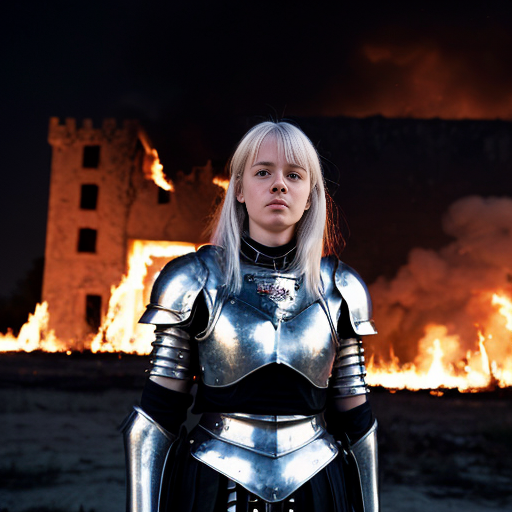 young, tall, white-haired woman in armor stands in front of a burning castle into which meteorites are falling.