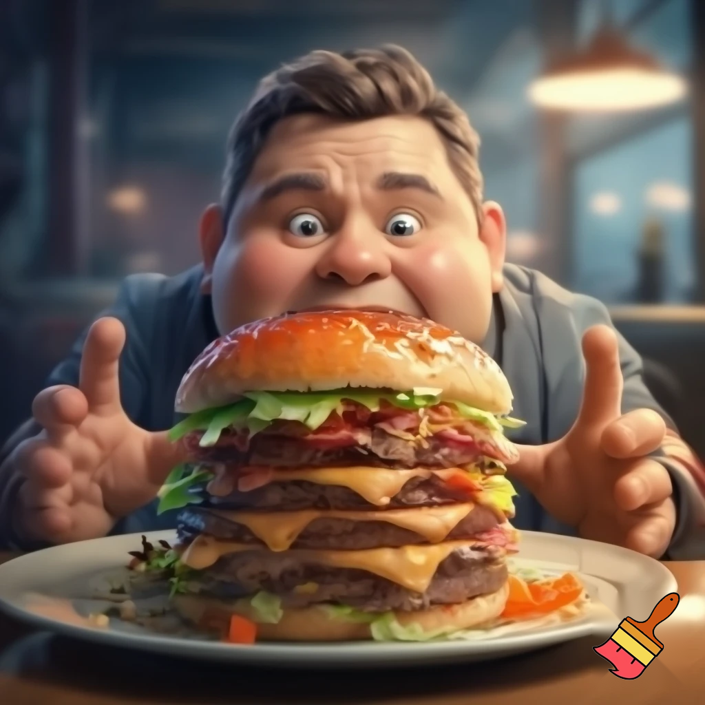 a fat man trying to get a huge burger with a hidden slice of a orange