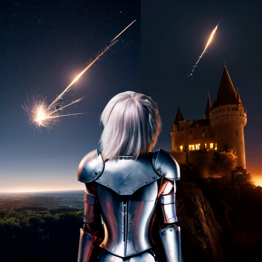 young white-haired woman in armor watches as meteorites fall on her castle