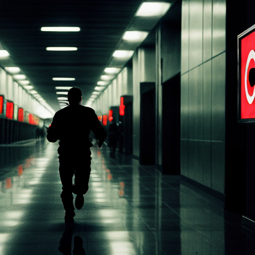 "A dark, eerie airport, with an ominous, distorted atmosphere. The interior is dimly lit, with flickering lights casting long shadows. In the distance, a shadowy figure with glowing red eyes is running towards a frightened young man, whose heart races in fear. The airport seems warped, with the walls stretching and shifting unnaturally. The young man is sweating and breathing heavily, looking back as he sprints toward an open door. The figure chasing him has a twisted, wide smile and jagged black teeth. The clock on the wall is moving backwards at an alarming speed. The air is thick with suspense, the atmosphere cold and foreboding, creating a sense of impending doom."