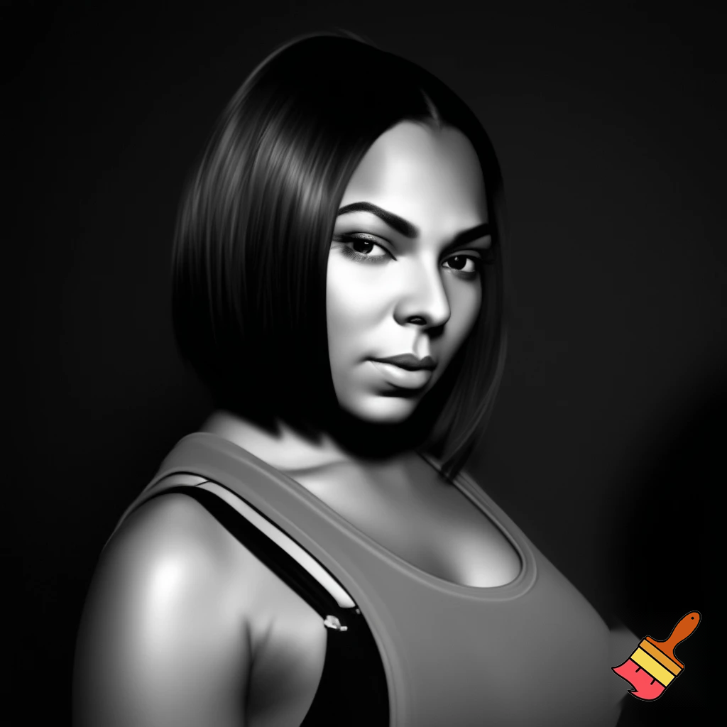 Black and white image of Ashanti with part bob hair wearing a grey tank top and black bra 