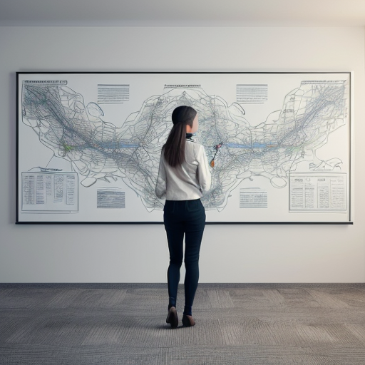 A calm, thoughtful professional woman standing in front of a large abstract map or schematic diagram with blurred and undefined paths, symbolizing uncertainty. She is not stressed, but reflective. Soft lighting, modern office environment, minimalist style, neutral tones. The mood conveys strategic thinking, responsibility, and long-term vision. Professional, realistic illustration or cinematic photography style.