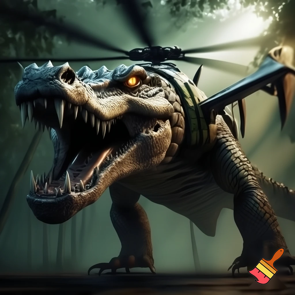 make a crocodile fused with an military helicopter
