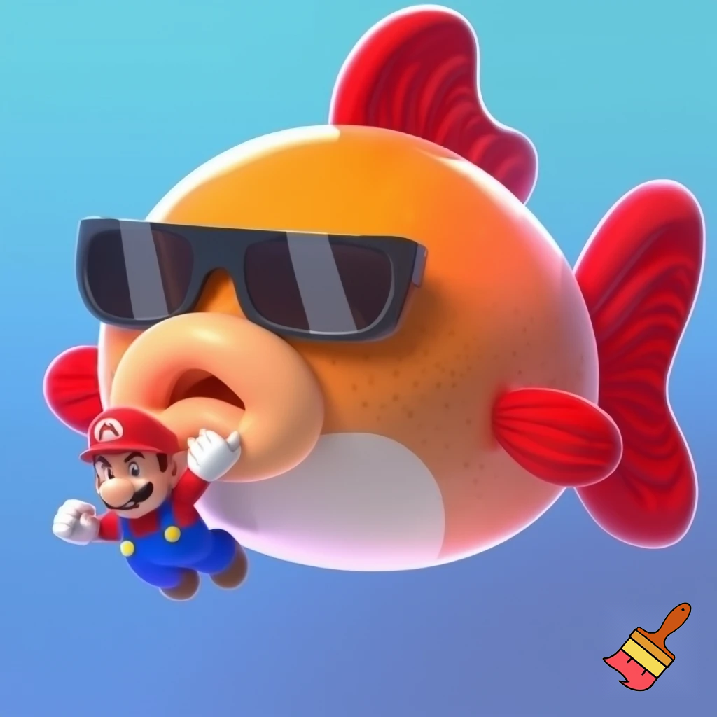 mario being eaten by a giant orange fish with dark sunglasses, a white underbelly, red fins, and fat tan lips. 2d cartoon art style, cute