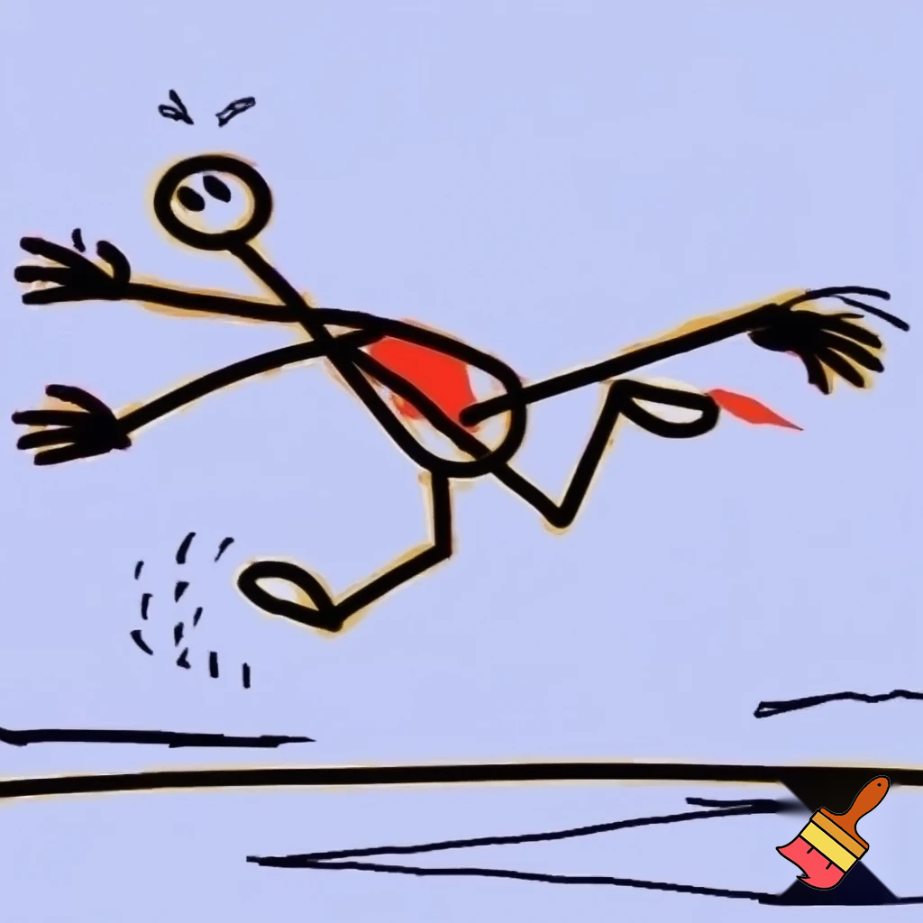 stickman style, ms paint drawing, simple funny cartoon showing a man running away from a dog