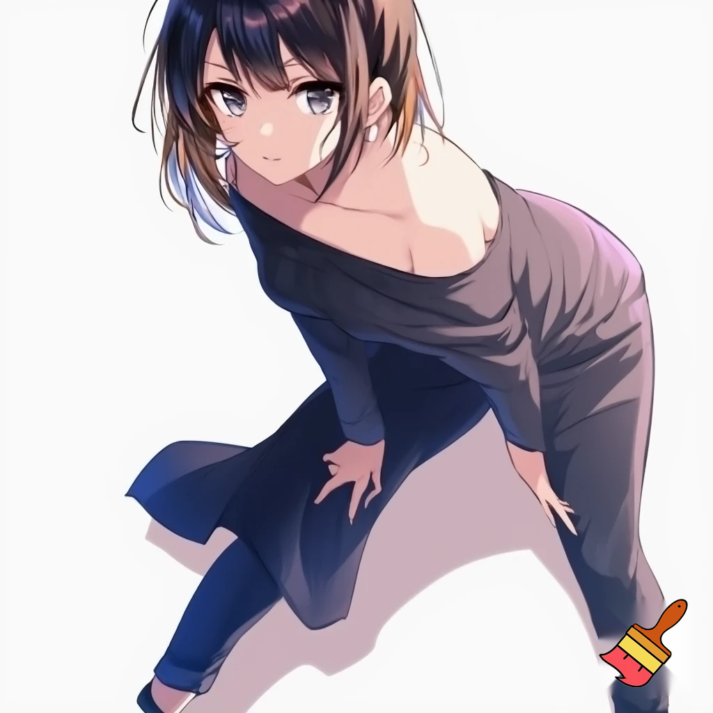 Anime girl 20 years old so cool and cute is dressing a of shoulder dress and very cool short black jeans is standing in white screen make is so anime