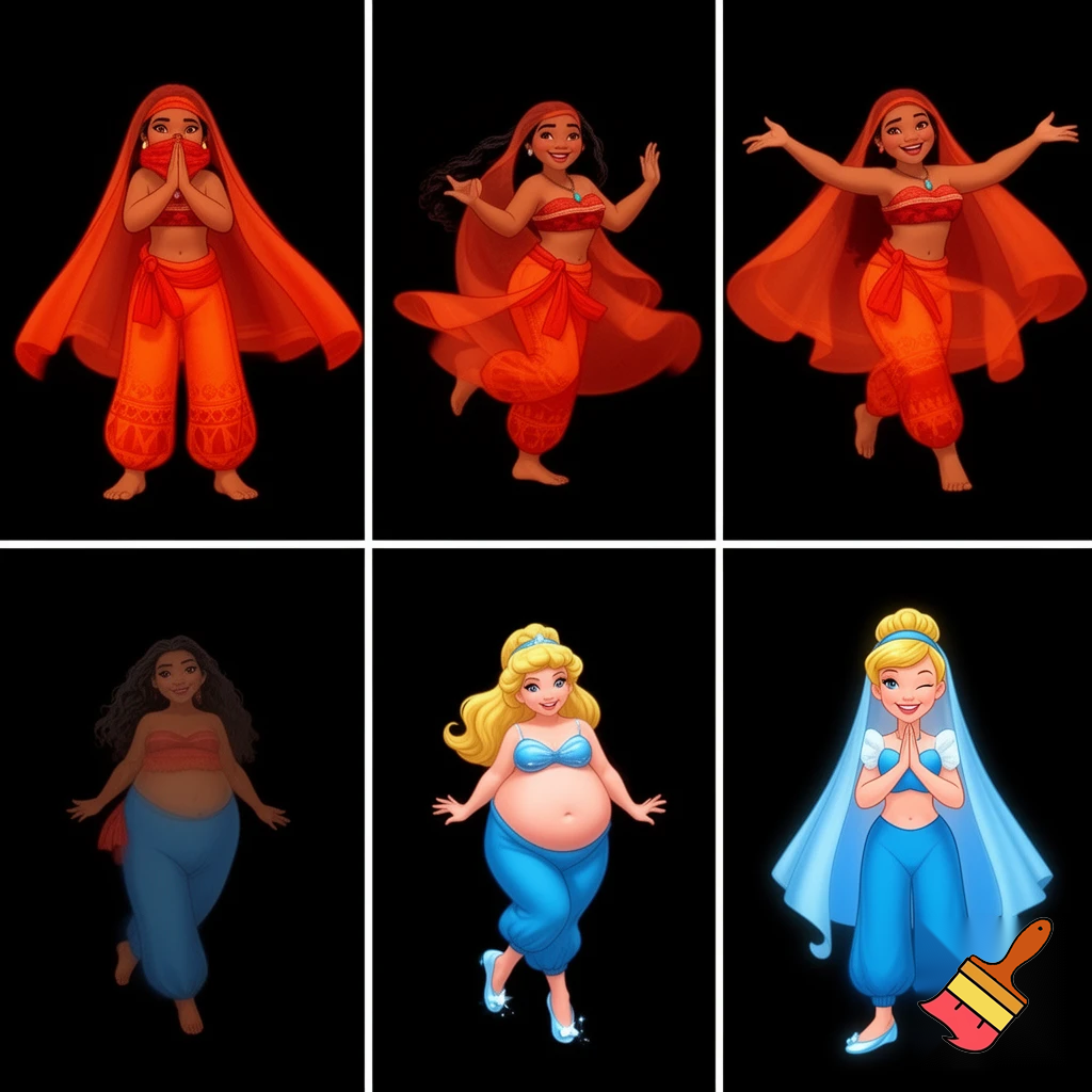90's disney's 2d aladdin style comic black background and panels of panel 1 moana barefoot with red orange harem pants and bra with both hand palms place together and hiding the bottom of her mouth with a red orange veil wrapped around her arms and attached to her head. 
panel 2 she danced with red orange harem pants barefoot with red orange bra and red orange veil wrapped around her arms and shoulders and raising legs and bounced up and down her belly and shook her hips left and right. 
panel 3 as Moana barefoot with red orange harem pants and bra spreading her arms, happily revealing her face to the viewer and giving a smile as she turns around shook her butt left and right. 
Panel 4 moana barefoot with red orange harem pants and bra started to fading away , except her belly, which is bouncing around. 
Panel 5 then the ball transforms into the fading in belly of blonde haired Cinderella with blue harem pants and blue bra and blue curved slippers and blue veil wrapped around her arms and shoulders with her swaying her hips. 
Panel 6 blonde haired Cinderella with blue harem pants, blue bra and blue curved slippers and blue veil wrapped around her arms and shoulders and with her hand palms place together between her chest and she gives a smile and winking her left eye.  