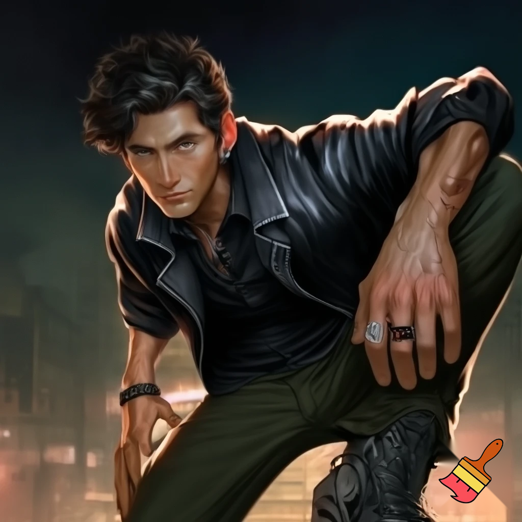 Generate an image of a tall, scrawny man with radiant, polished wood-toned skin. He has curly black coffee hair, styled slightly messy, and sharp, masculine features. His expression is gentle and thoughtful, hinting at inner turmoil.

He wears a black leather windbreaker over a slightly unbuttoned black cotton dress shirt, tailored pleated chinos, and lace-up combat boots. Accessories include silver stud earrings, a silver ring with a red dragon's eye, a black ring with rose gold star shapes, an onyx and lava rock necklace, and a studded bracelet. His shirt sleeves are rolled up, displaying vascular forearms. Set him against an urban backdrop.