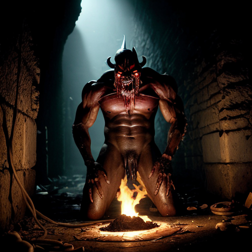 a towering, horned demon with obsidian-black skin stretched taut over corded muscle, its elongated limbs ending in jagged claws slick with fresh gore, standing amidst a cavernous slaughterhouse where dozens of skinned human carcasses hang from rusted hooks, their lifeless faces frozen in eternal screams. The flickering torchlight casts monstrous shadows that writhe across blood-smeared stone walls, illuminating piles of discarded viscera and shattered bones, while the demon's glowing sulfur-yellow eyes fixate on a lone survivor cowering in the corner—their trembling hands clutching a rusted cleaver, reflected in the demon's dripping maw as it grins with jagged, needle-like teeth. The air is thick with the coppery stench of butchery, every detail rendered in sickening realism: the visceral sheen of exposed muscle, the way intestines coil like wet rope across the floor, the subtle steam rising from freshly torn organs. Archaic symbols carved into the demon's flesh pulse with infernal light, casting eerie highlights across the carnage as if the very walls are breathing.