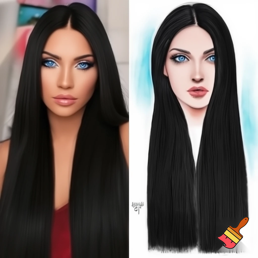 Female long black straight hair , ocean blue eyes, drawing,and realistic and drawing with color
