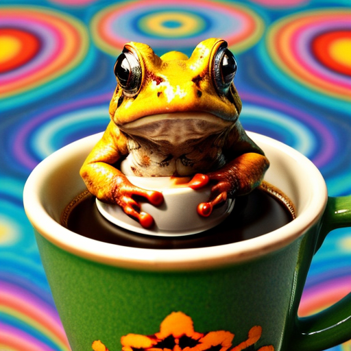 A hillarious, funny boho toad with some hippie colored coffee cups. Psychedelic decorated background, hyperrealistic. Close-up view.
