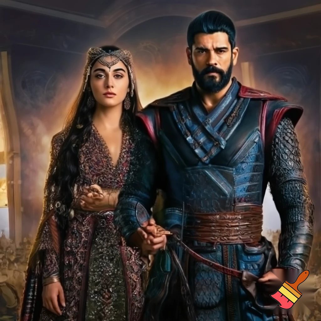 esra bilgic as halime hatun and burak ozcivit as osman bey
 standing together
