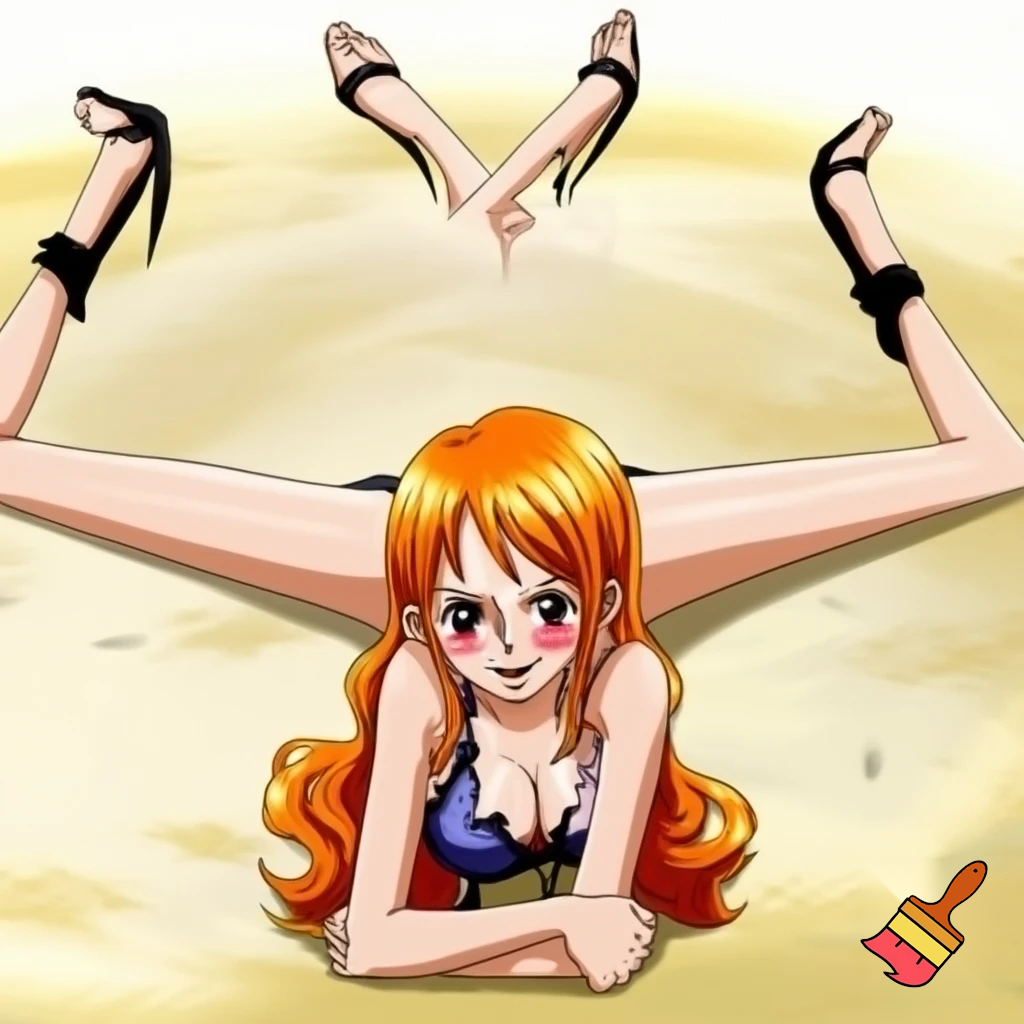 Nami from one piece laying down in a sexual pose with her legs spread and blush on face 