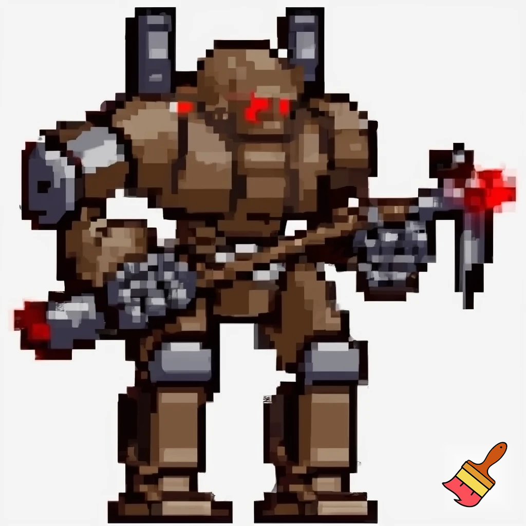 Make a robot enemy that could dig and throw there pickaxe at you huminoid robot shape. Pixel art no background