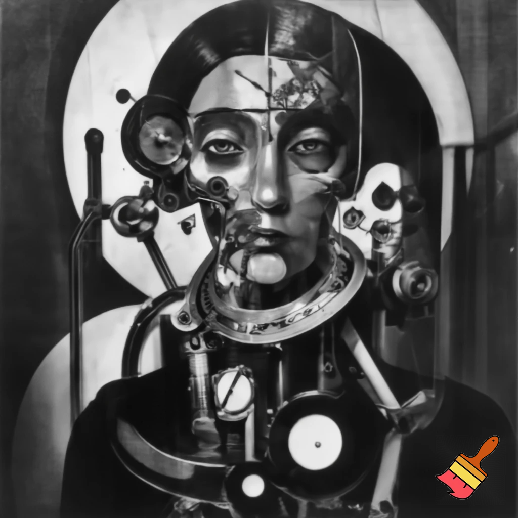 Bio-mechanical girl portrait, noise art. In the style of a 1920's German Expressionism. Black & white.