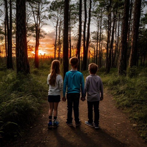 Two kids one girl one boy back to back in a forest sunset adventure 