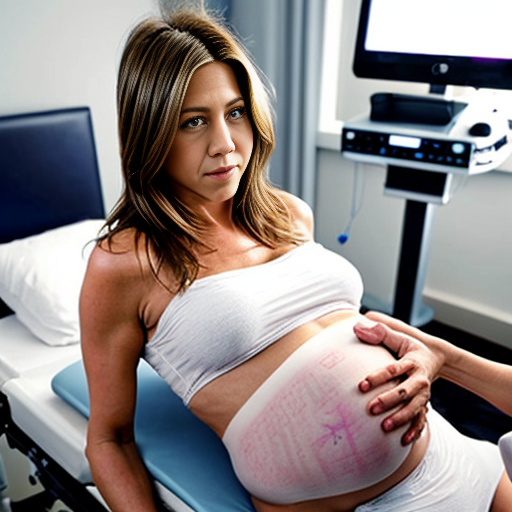 Jennifer Aniston laying in hospital bed legs bent doctor applying  sonogram clear gel on pregnant belly covered on gel sonogram gel on the lower abdomen, around and below the belly, and doctor's hand with device