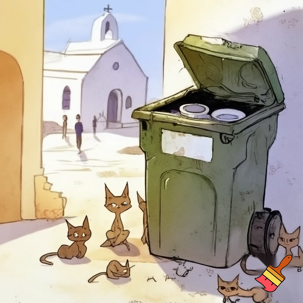 Cartoon-style scene in a small Greek neighborhood. A large green outdoor garbage container stands with its lid open. Inside the container, tossed away, are a couple of pet food bowls and a small water bowl. Around the container are several stray cats and kittens looking sad and thirsty, some sitting, some searching the ground. One or two kittens peek curiously into the container. In the background, a simple white Greek church with a cross on top, and a few distant people walking toward it, not facing the viewer. Early-day Mediterranean light, warm tones, gentle but emotional atmosphere. Style: soft cartoon, watercolor-like textures, subtle outlines, slightly heart-tugging mood. Cats bit skinny