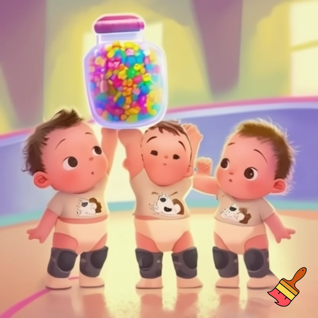 ### 🧸 **Cartoon / Nursery Rhyme Style Prompt**

A cute cartoon illustration of three baby triplets standing together on a shiny indoor floor. Each baby wears a beige puppy-print shirt, diaper, and black knee pads. The baby in the middle holds a colorful candy jar full of rainbow candies, smiling sweetly. The babies have round faces, big expressive eyes, and soft pastel coloring. The background shows a cozy playroom or skating rink with bright lights and soft shading.
**Style:** nursery rhyme illustration, soft pastel colors, hand-drawn look, warm lighting, cheerful and playful mood.

---

