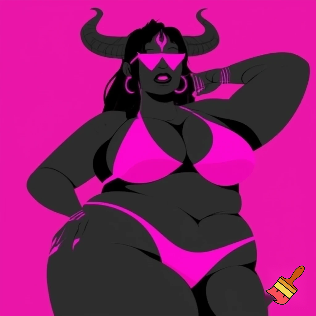 The image is a stylized illustration featuring a dark-skinned, possibly demonic or horned character, posing confidently against a vibrant hot pink background. The character has long, flowing dark hair and prominent horns that curve upwards from their head. Their eyes are obscured by a pair of sleek, triangular hot pink sunglasses.
They are depicted wearing a minimal hot pink bikini, consisting of a triangle top and a high-cut thong bottom. A distinctive symbol, resembling a trident or a stylized "psi" symbol, is visible on their forehead, also in hot pink. The character is adorned with large hoop earrings and a bracelet on their left wrist, all in matching hot pink.
Their body language suggests confidence, with one arm raised and bent behind their head, and the other hand resting on their hip. The overall style is bold and graphic, using strong outlines and a limited color palette of black and hot pink, creating a high-contrast and striking visual. Large gigantic boner.