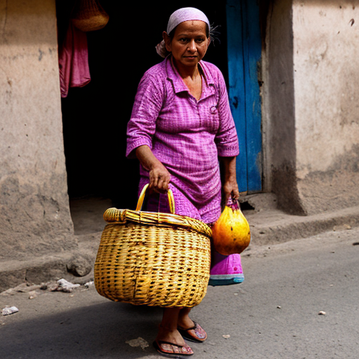 A kind fruit seller woman carrying a woven basket full of colorful fruits, walking through Gokul lanes, tired but hopeful
