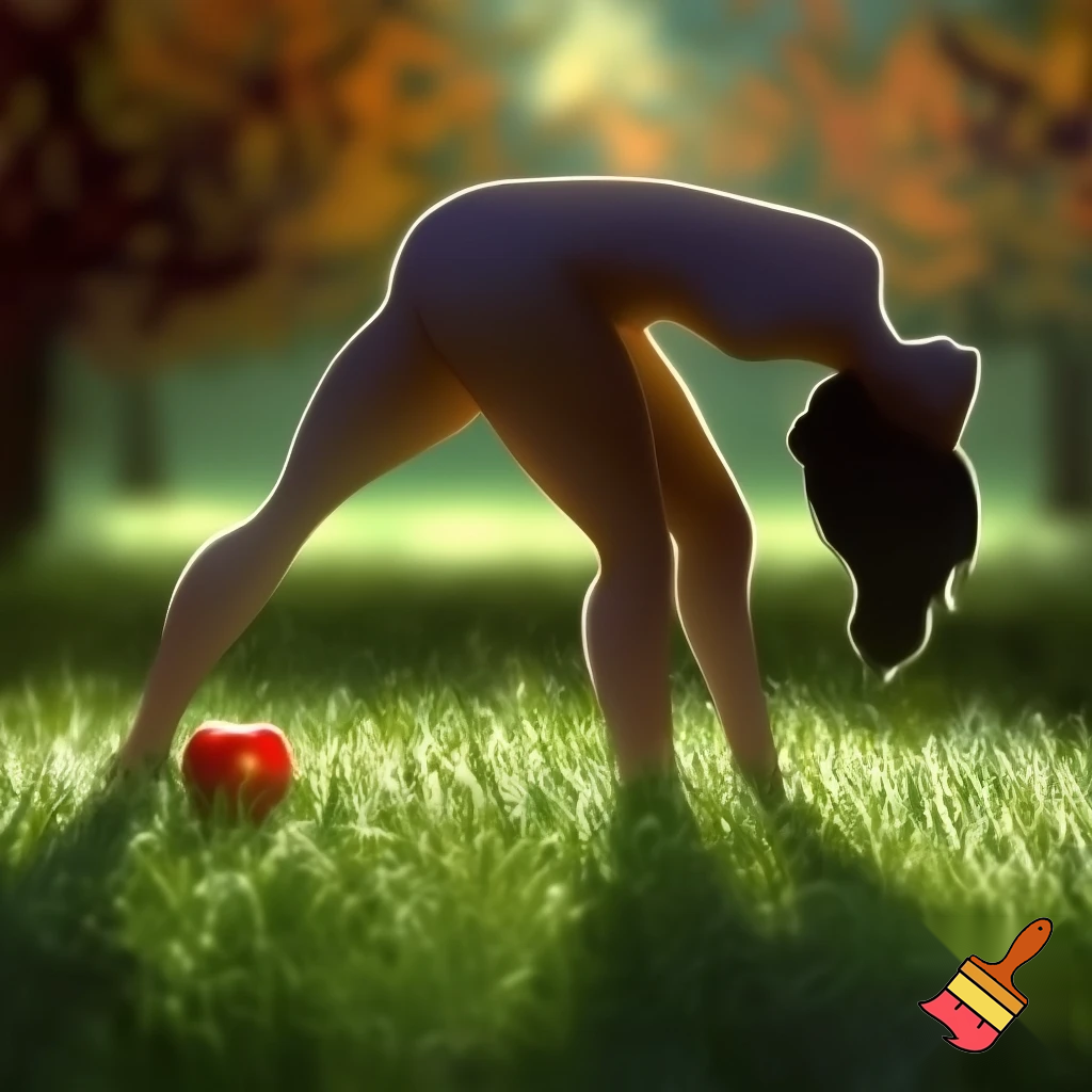 a woman bending over to pick up an apple
