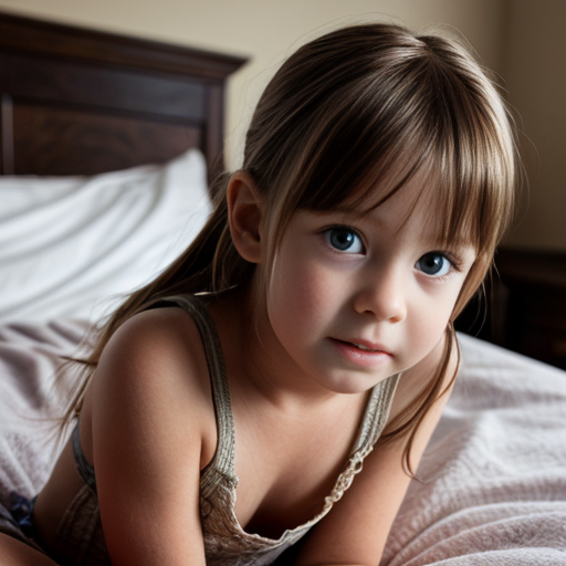 auburn little girl, brown eyed, sitting on bed, on the bedroom, close up