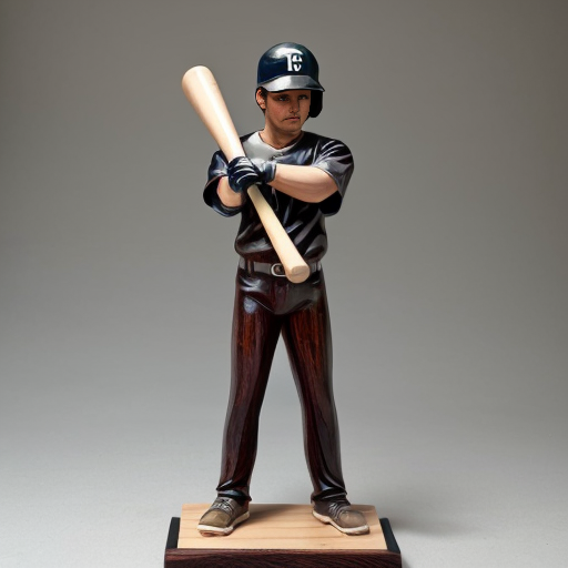 he is a smooth polished wood figure with a baseball bat and does not smile  