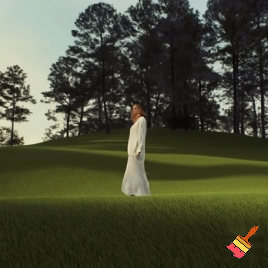 A hiperrealistic editorial image for an adult fiction novel cover modern women-nerd without clothes in hat view below all bodie .A solitary figure stands on a vast, rolling grassy hillside with Augusta National Pine trees in the background. The person is dressed in light-white clothing, creating a subtle contrast