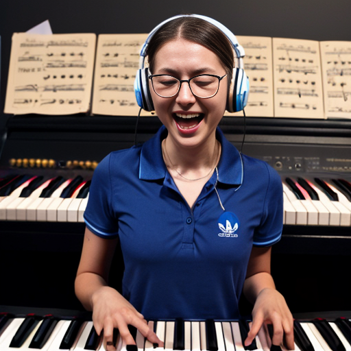 A glasses-wearing barefoot woman (somewhere between her 20s or 30s) with headphones (on her ears, not around her neck), a short-sleeve blue shirt (just a shirt, not a polo, and no branding on that), and very short black Adidas-brand shorts, she is tickling the ivories of a synth (both hands on the keys), there's also a mic, its stand is in front of her synth, the mic is pointing to her mouth, however, she doesn't sing to it for her mouth is closed.
