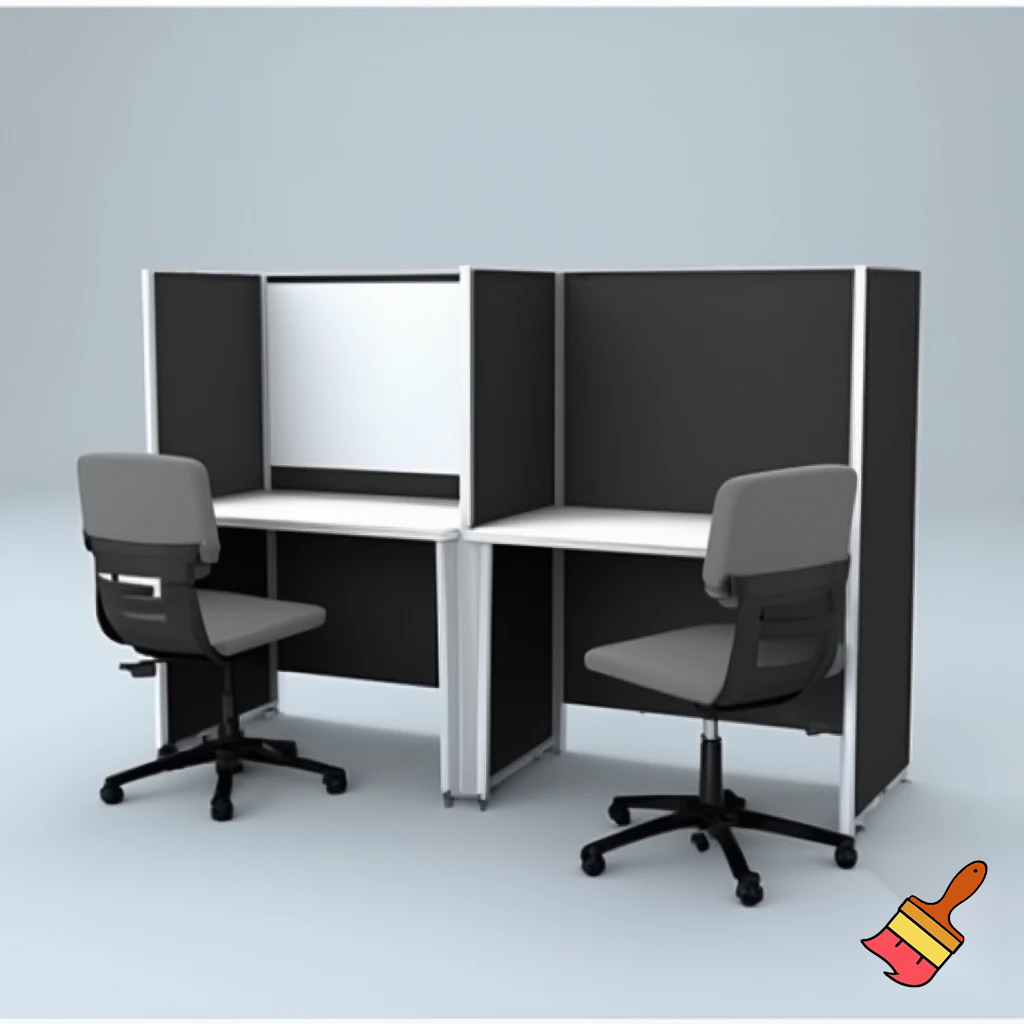 to arbejdsstationer , som består af 2 vægge 1,5 m høje, som står overfor hinanden ( på den ene - er whiteboard, på den anden - en skærm), med et klapbord på den ene side af hver væg (under whightboardet og skærmen), 2 stole på begge sider af hvert klapbord