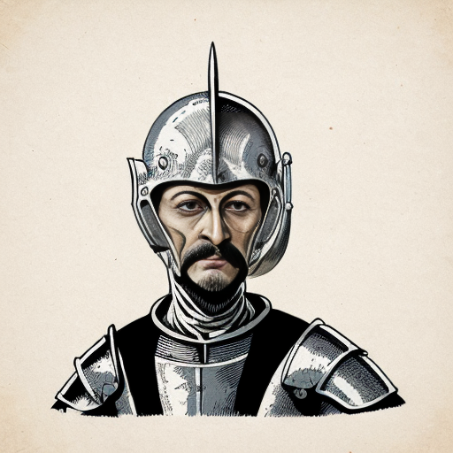 Illustration of Don Quixote.
Thin old knight, tall, wearing old armor, helmet, holding a lance.
Crazy but noble expression.
17th century Spain.
Classic book illustration style, antique, soft colors, detailed drawing.
White background for infographic.


