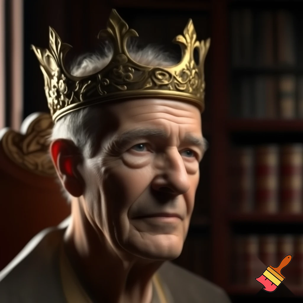 make me a portrait of a 67 person in real life with a crown on his head