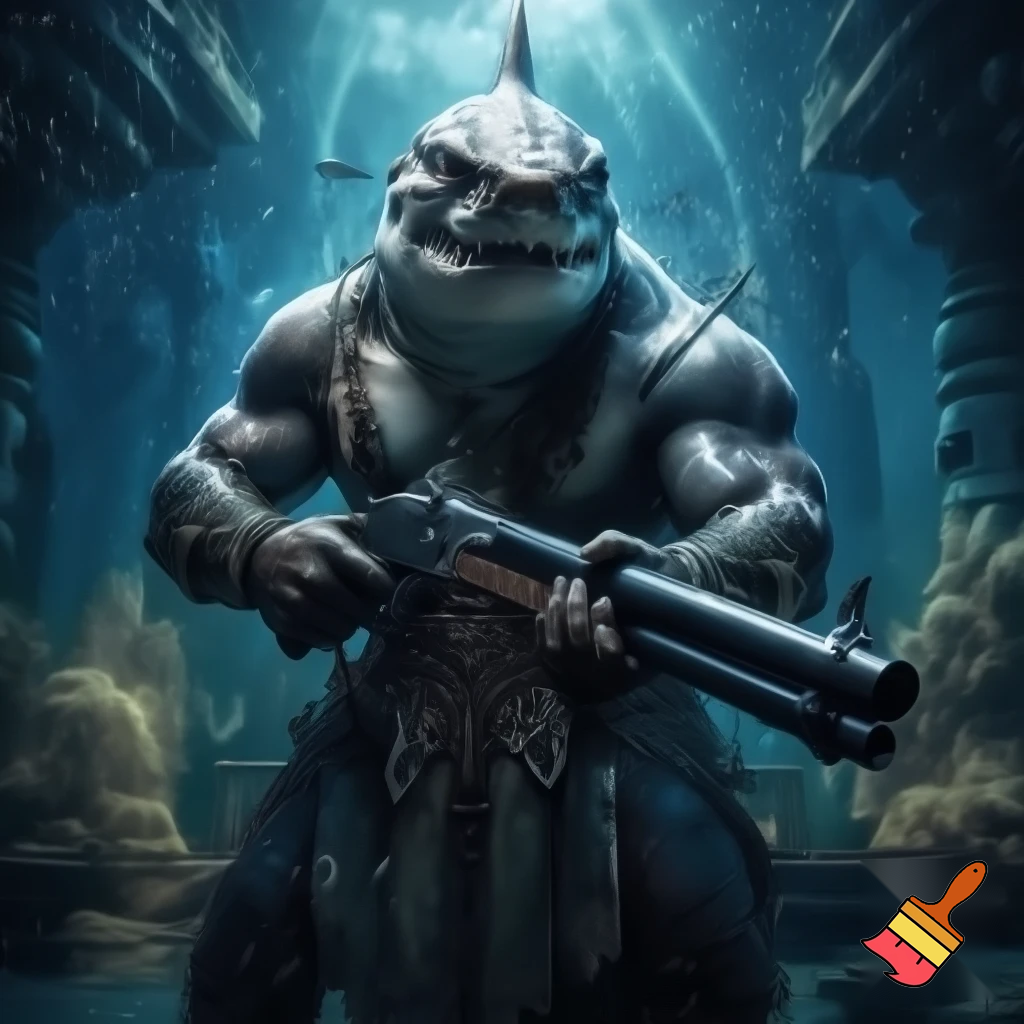 King shark prince nanaue using a shotgun 