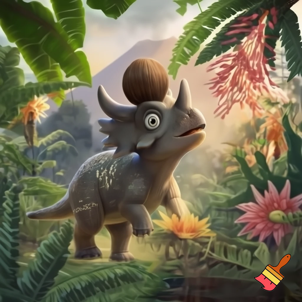 Draw a cute baby triceratops in the wild with a coconut nut shell on his nose horn 