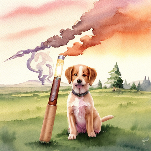 Roztomilé štěně drží lehce kouřící klacík, stojí proti zapadajícímu slunci, kolem louka a les. Kouř tvoří jemný obláček. Pohádková ilustrace, měkké světlo, dětský akvarel, hravá atmosféra.
