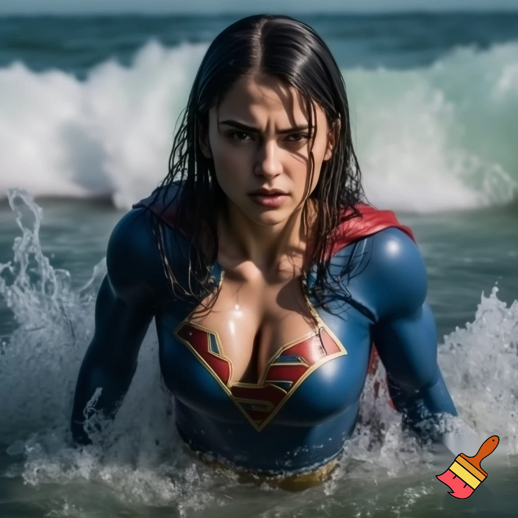 Supergirl right out of the sea in a wet costume 
