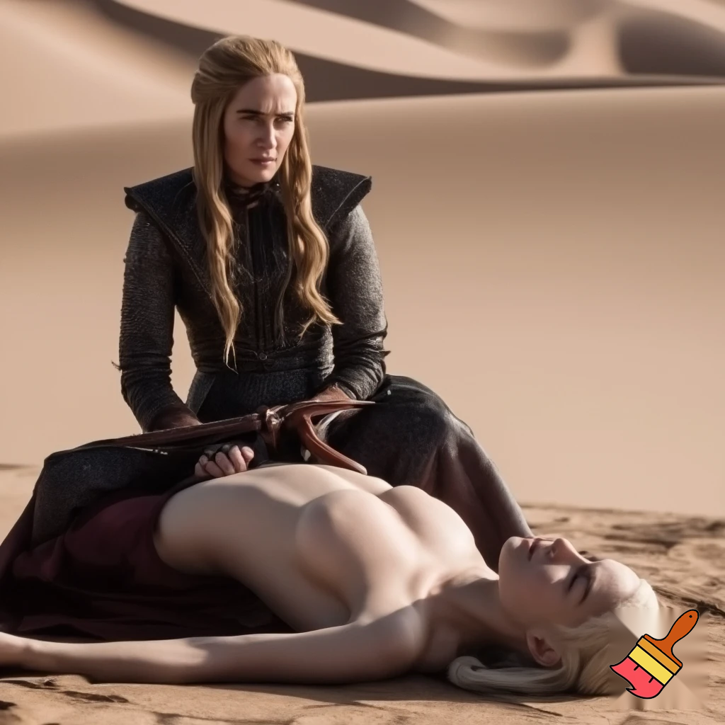 Cersei Lannister and Daenerys Targaryen fighting in the desert, Cersei Lannister is sitting astride on top of Daenerys on the ground .both are naked and all sweaty 
