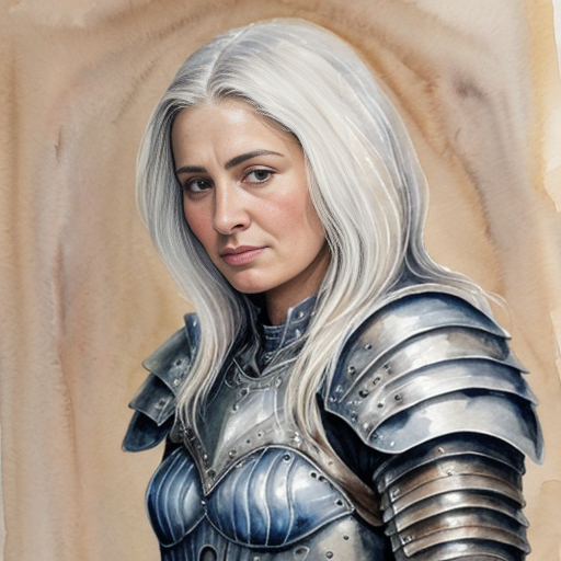 young, tall, white-haired woman in armor is sad because a Turkish man stole her knife.