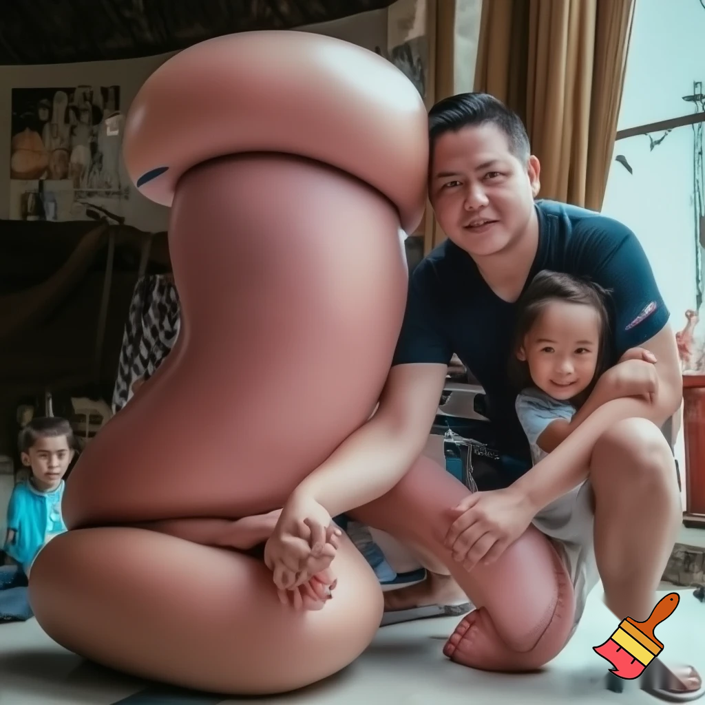 A man with GIGANTIC balls and very realistic penis with spit all over it, girl kneeling next to him moaning