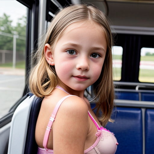 Genera la imagen real de niñas rubias de 9 años, en el bus escolar, vestidas con lenceria rosa transparente