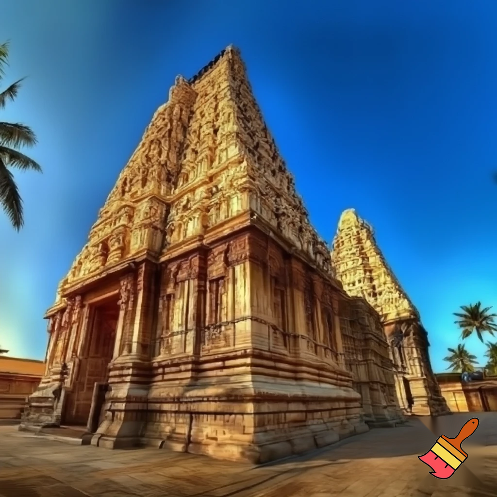 create a image for a grand ancient temple in tamil nadu with some stone pillars and towring gopurams set against a blue sky
