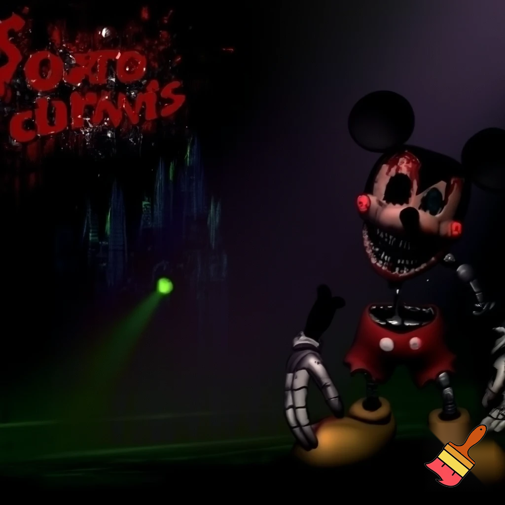 A horror video game main menu screen with a title on the top left that says “Five Nights in Disneyland” on the right it shows an Animatronic Mickey Mouse